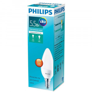 Светодиодные лампы, цоколь E14,C37, 5,5W, свеча 4000К нейтральный белый Philips