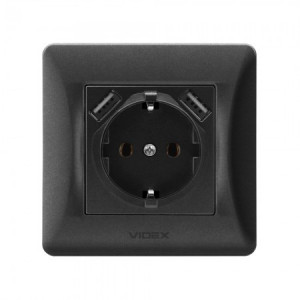 Розетка одинарная с заземлением и 2USB VIDEX BINERA черный графит