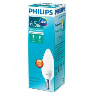Светодиодные лампы, C37 E14, 6,5W, 2700К свеча Philips