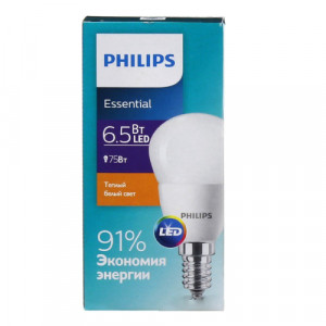 Светодиодные лампы Philips Essential, цоколь G45 E14, 6.5W, 2700К + 1ГОД ГАРАНТИИ в подарок