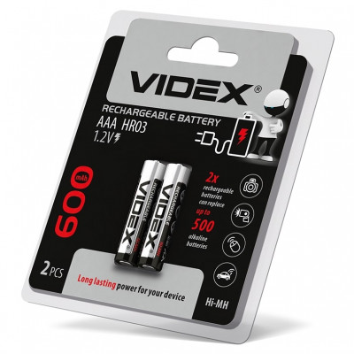 Акумулятори Videx HR03 / AAA 600mAh double blister/ комплект 2шт для безперебійного живлення (ціна 1 шт)