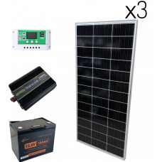 Комплект сонячної електростанції 1500Вт: панелі 3×170W + інвертор 1500/3000Вт чиста синусоїда + ШИМ 30A та АКБ LiFePO4 12.8V 100Ah 1280Вт з Bluetooth