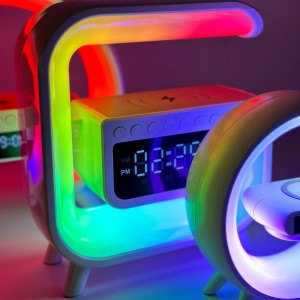 Акумуляторний Smart RGB нічник, годинник, бездротова зарядка, Bluetooth колонка