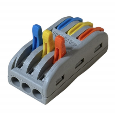 Клемма проходная многоразовая PCT-223 с рычагами на 3 проводника | типа WAGO 222 | 0.2-4мм2