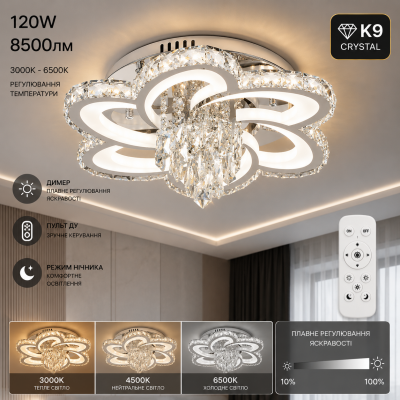 Led люстра «квітка» 128Вт з кришталем хром пульт ДУ 3200-6000К, димер