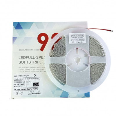 Светодиодная лента SMD2835 12В 120д.м. IP20 8мм 6000К белый холодный, бобина 10м (цена 1м)