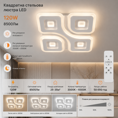 Квадратна стельова люстра 120W 3000-6500К 8500Лм з пультом, диммером
