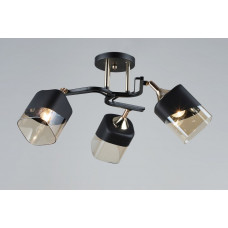 Черная люстра с золотыми акцентами 3 лампы Е27 стеклянные плафоны, монтаж на планку