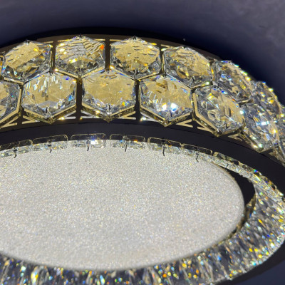 Люстра led 140Вт золотистая хрустальные вставки, три режима с пультом