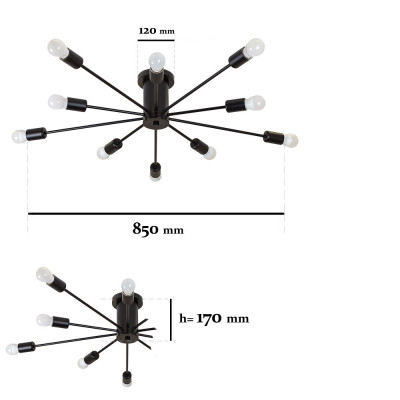 Люстра паук лофт 10 ламп E27 черный металлический каркас