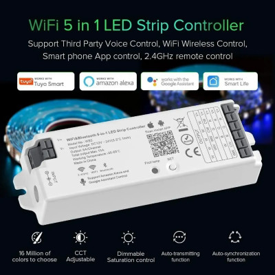Універсальний Wi-Fi контролер 5in1 12-24V для led стрічки RGB RGBW RGB+CCT 15A
