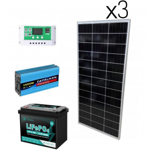 Комплект солнечной электростанции : панели 3×170W + инвертор 800/1600Вт чистая синусоида + ШИМ 30А и АКБ LiFePO4 12.8V 100Ah 1280Вт