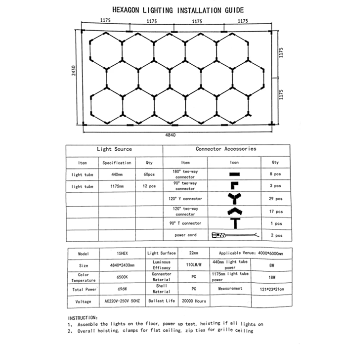 Соты. Светильник для детейлинга 696W светодиодный 76560Lm 15hexs 6500К холодный белый